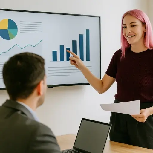 Mujer con cabello rosado presentando a un cliente un informe en pantalla con gráficos simples y ordenados, representando la transparencia y claridad en los reportes de Ferova Agency.