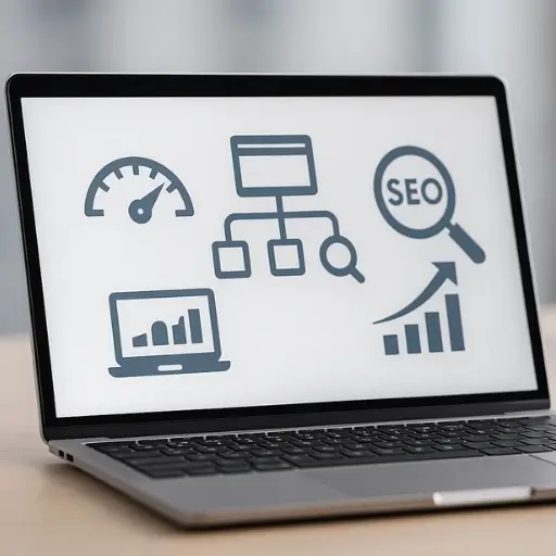 Portátil sobre un escritorio mostrando íconos de velocidad, estructura web, lupa SEO y gráficos de crecimiento, representando la auditoría SEO técnica realizada por Ferova Agency.