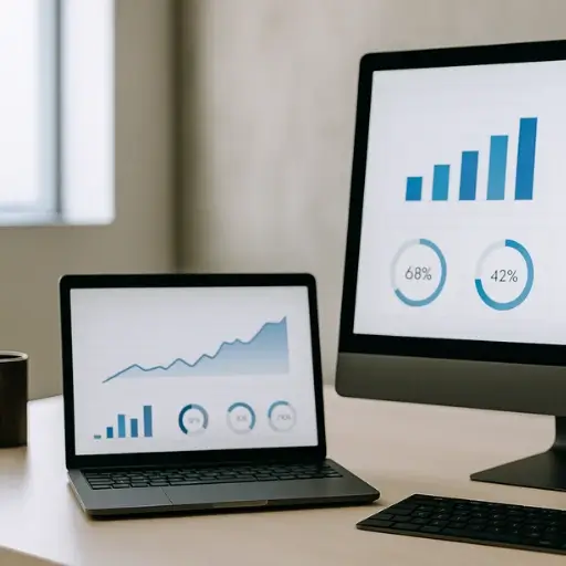 Portátil y monitor de escritorio mostrando dashboards con gráficos de barras, líneas y porcentajes de progreso, representando la implementación y medición constante de estrategias en Ferova Agency.