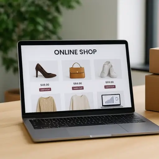 Laptop mostrando una tienda online en pantalla junto a cajas de envío listas para despacho, representando la especialización de Ferova Agency en Ecommerce.