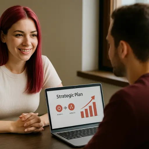 Mujer con cabello rosado en una reunión cercana con un cliente, revisando un plan estratégico en un portátil, representando la atención personalizada y boutique de Ferova Agency.