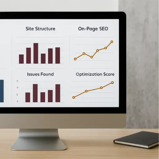 Monitor mostrando un dashboard con métricas de velocidad, estructura del sitio y optimización SEO on-page, representando la técnica impecable de Ferova Agency.